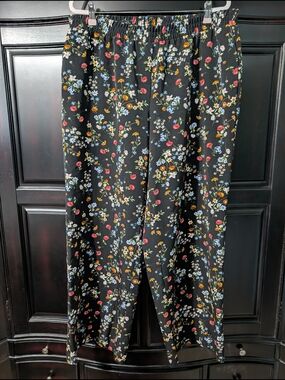 Roz & Ali Black Floral Wide-Leg Pull-On Pants